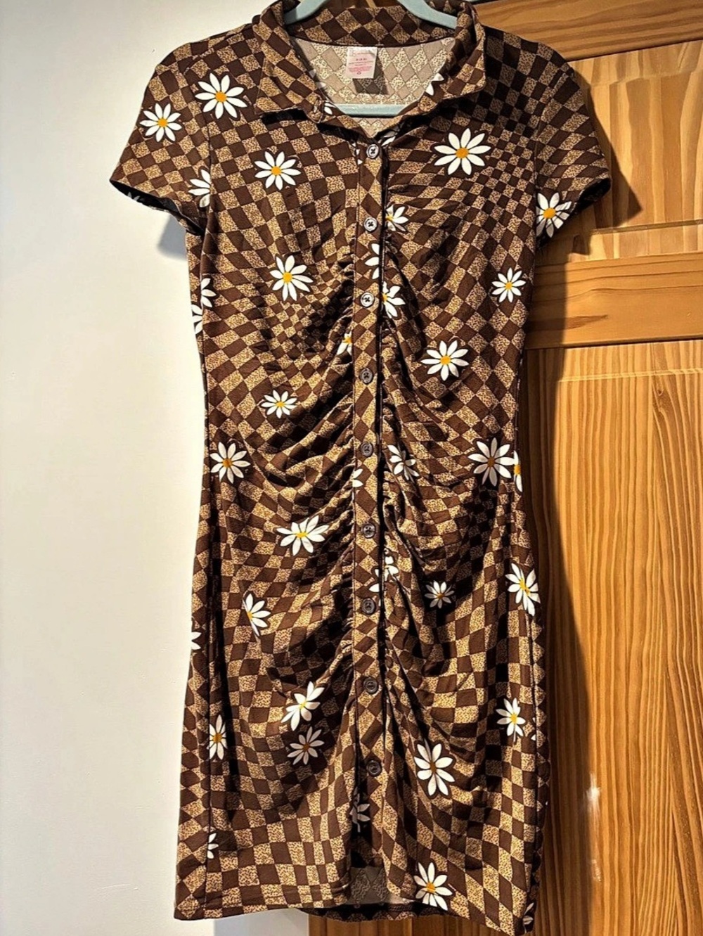 Brown Ruched Checkered Daisy Dress